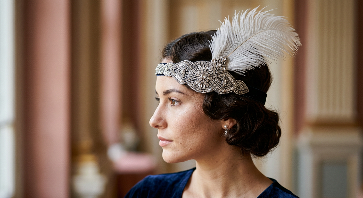 Gros plan sur un bandeau de style Charleston orné de perles et d'une plume