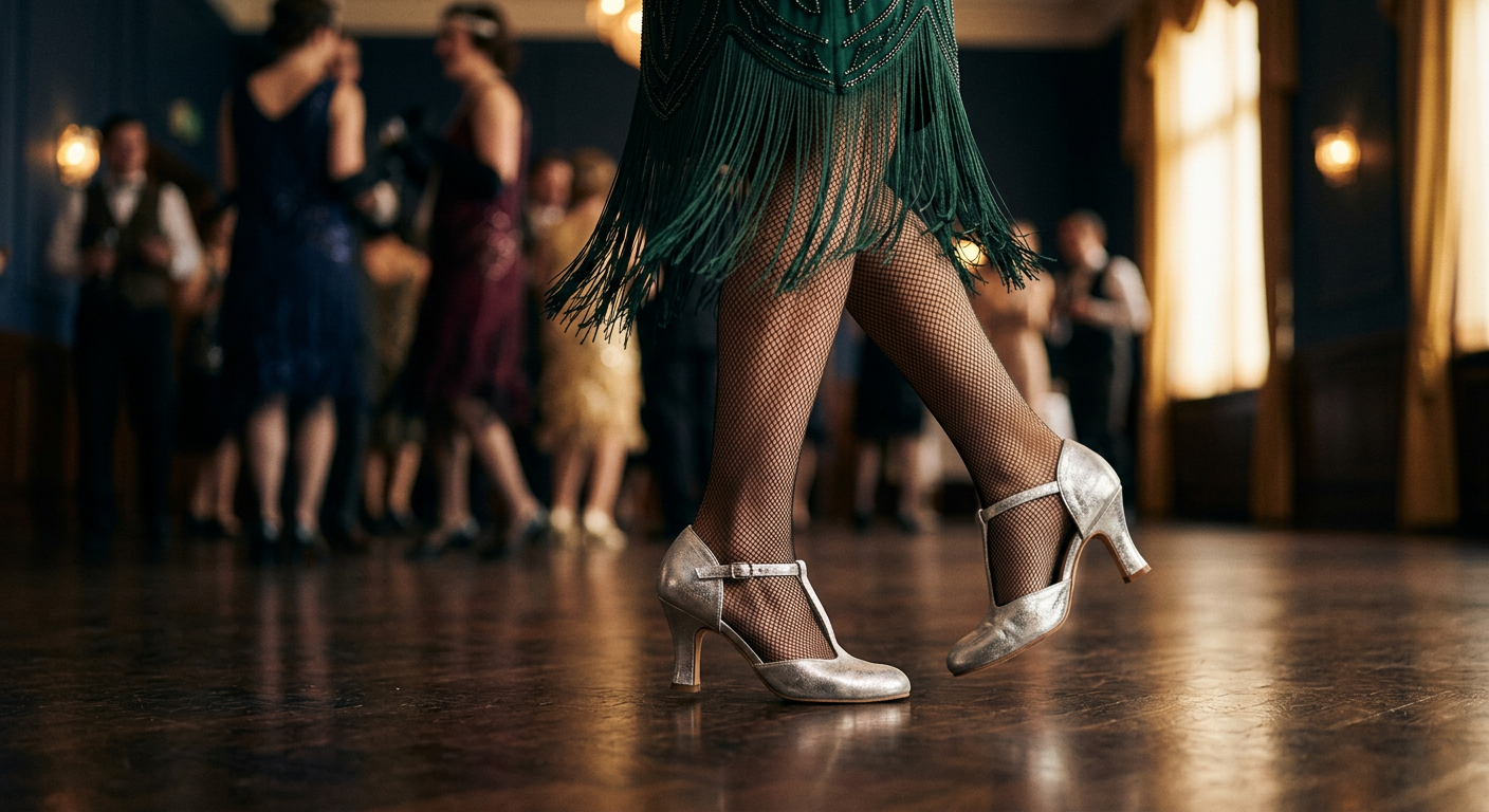 Pieds d'une femme portant des chaussures à lanières style années 20 et des bas résille