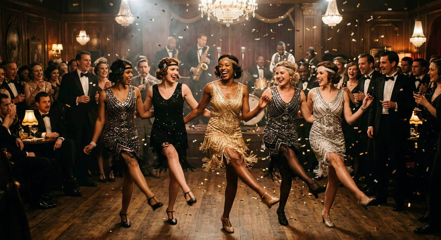 Ambiance festive d'une soirée Charleston avec des femmes en robes Années Folles
