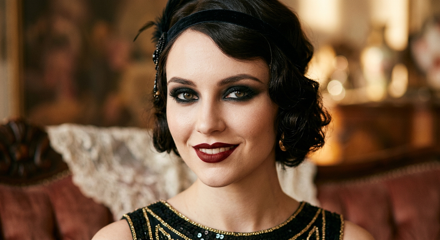 Gros plan sur un maquillage Charleston : yeux charbonneux et bouche foncée