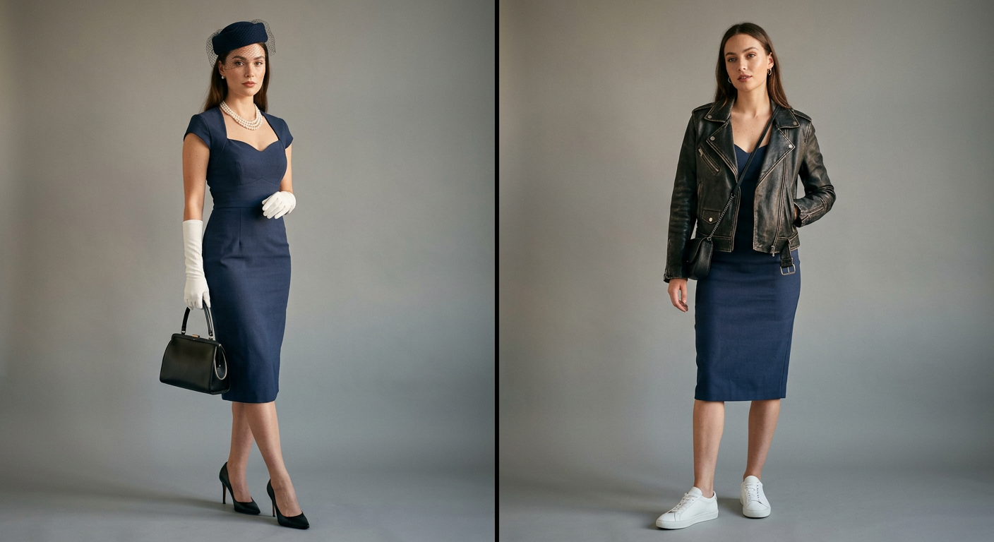 Montage photo montrant une femme portant une robe crayon des années 50 de façon rétro, puis modernisée avec une veste en cuir.