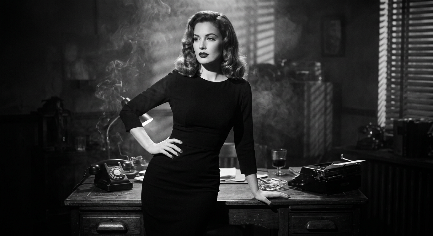 Une femme fatale style pin-up posant avec élégance dans une robe crayon noire ajustée, ambiance film noir.