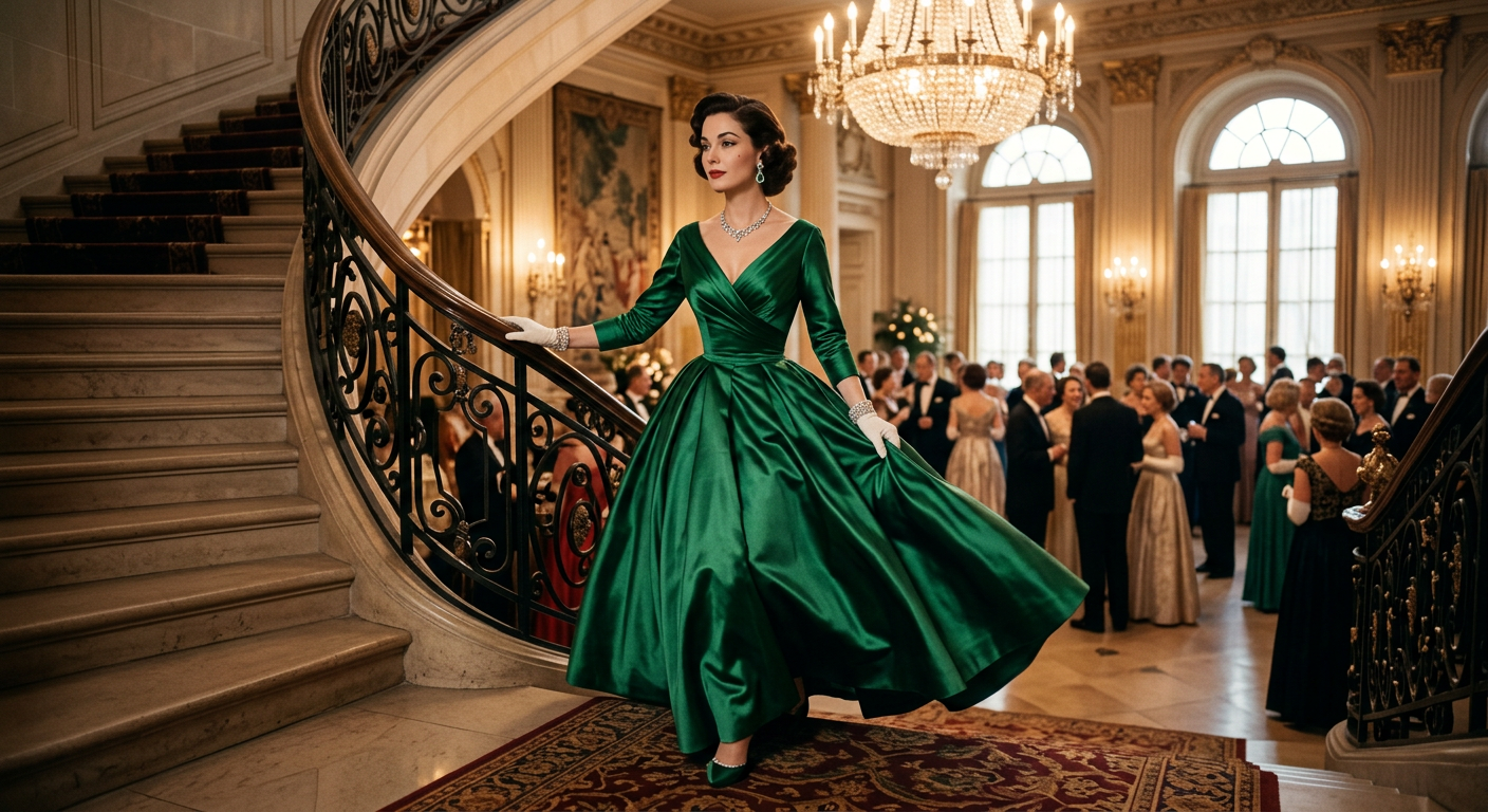 Une femme élégante des années 50 descendant un grand escalier dans une robe de bal opulente.