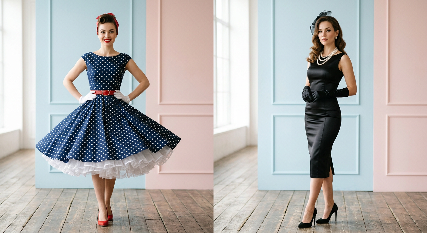 Comparatif de style entre une robe swing à pois et une robe crayon noire unie, style pin-up des années 50.