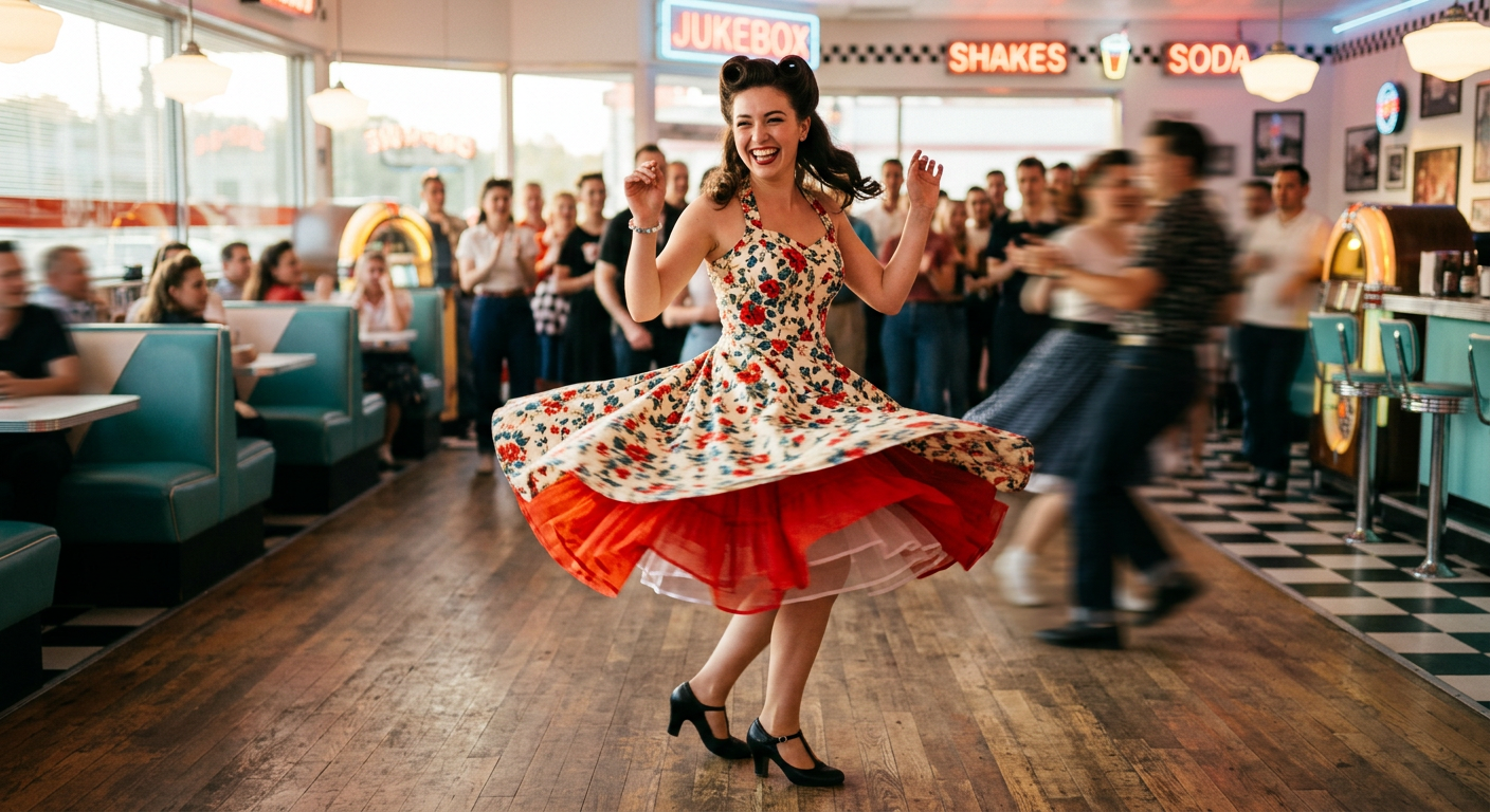 Une pin-up joyeuse dansant dans une robe swing à motifs floraux, le jupon visible en plein mouvement.