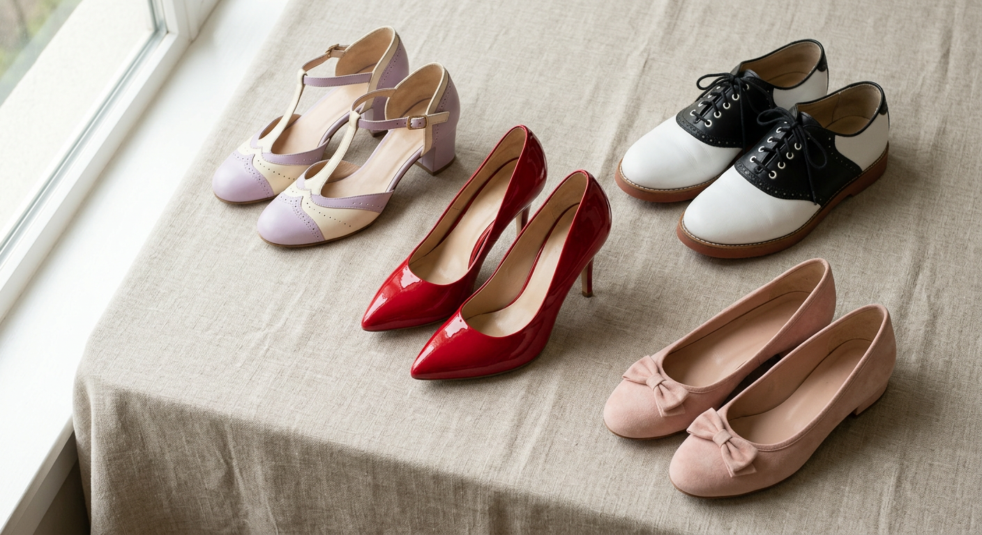Collection de chaussures style pin-up années 50 : escarpins, ballerines et sandales.