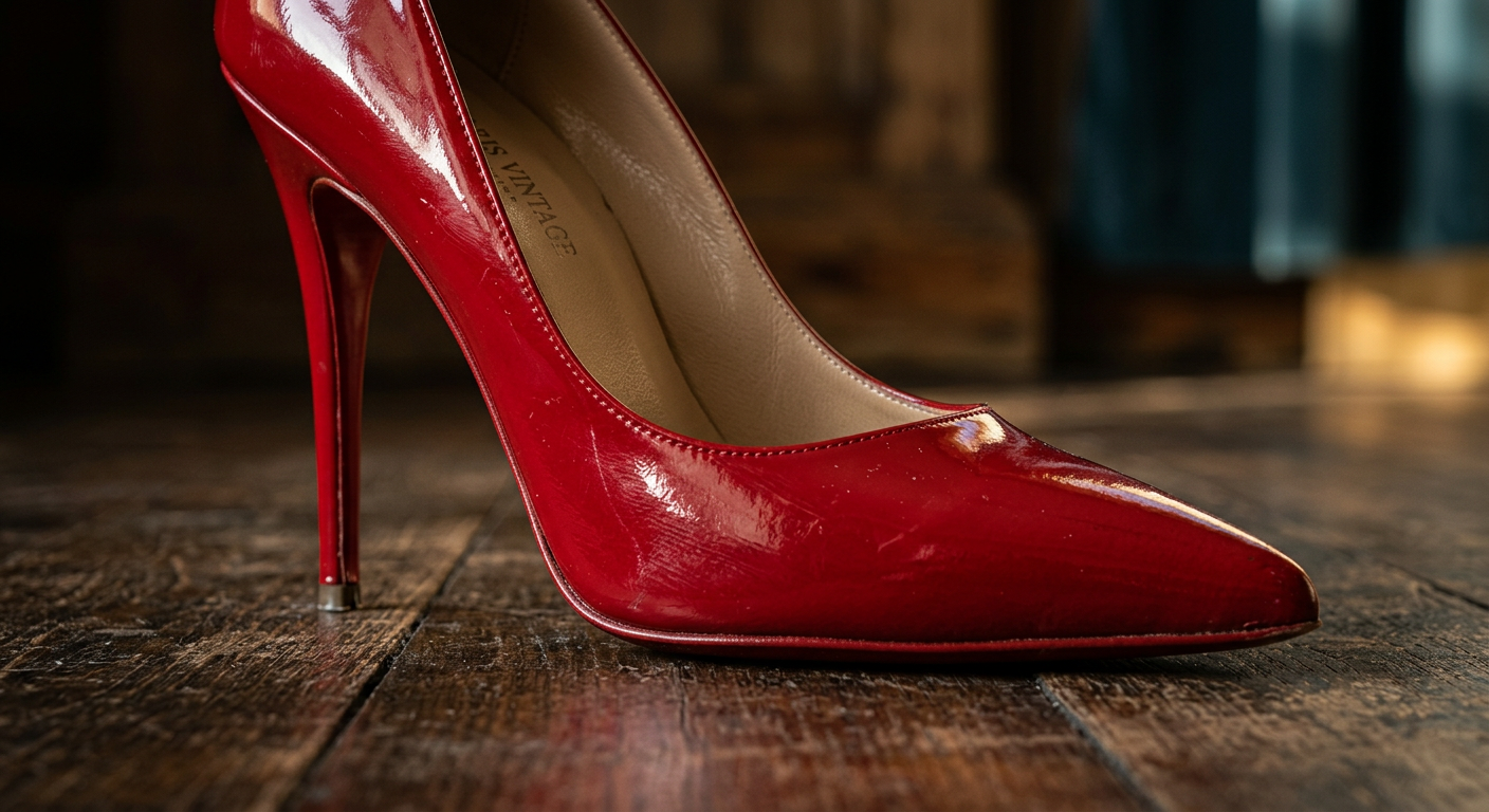 Gros plan sur un talon aiguille et le bout pointu d'un escarpin pin-up rouge verni.