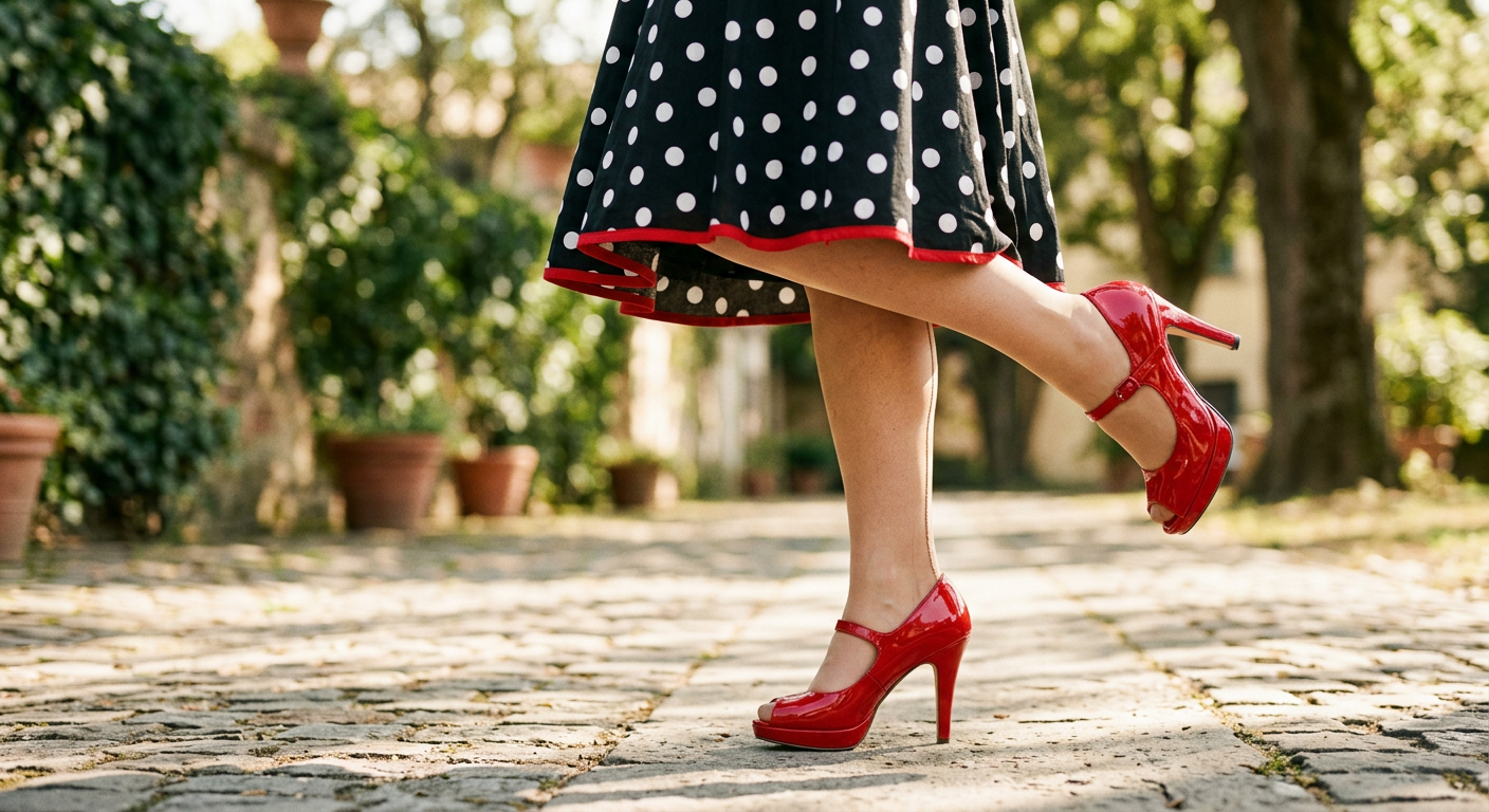 Pieds d'une femme en pose pin-up, portant des escarpins rouges à talons hauts.