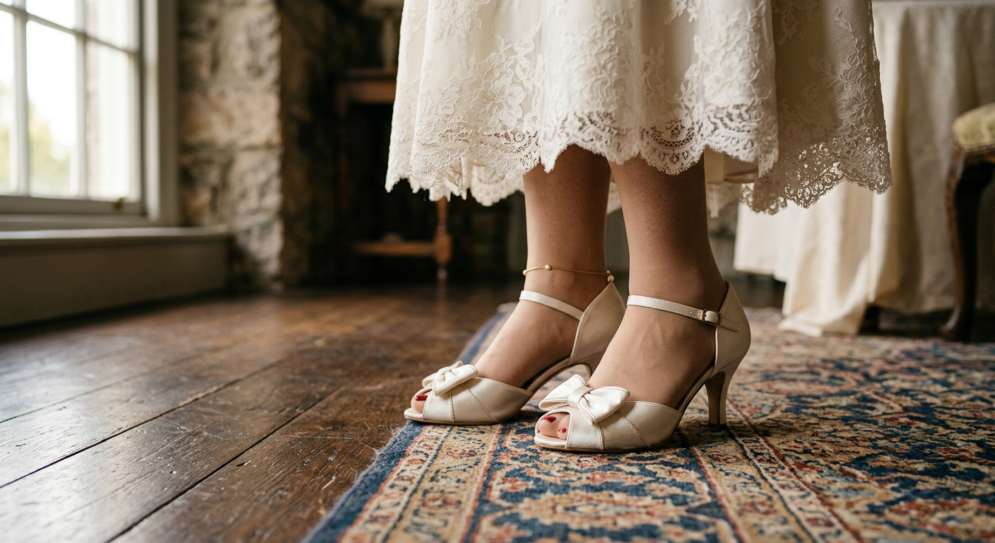 Pieds d'une mariée en robe vintage, portant des escarpins en satin ivoire style années 50.