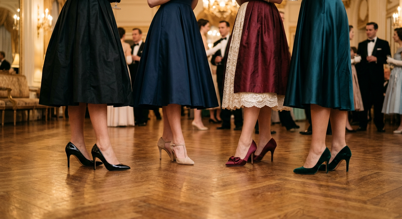 Atmosphère glamour d'une soirée des années 50 avec focus sur les escarpins élégants.