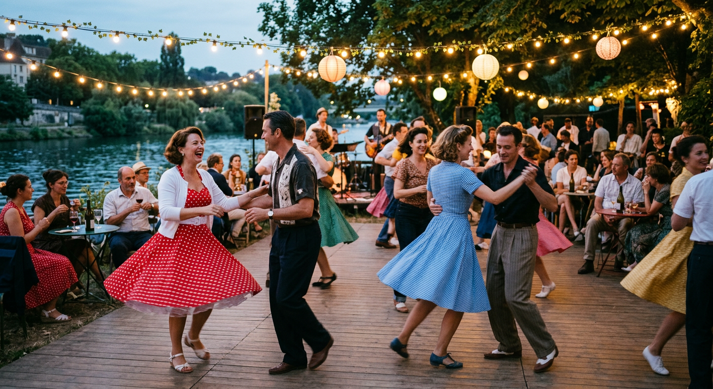 Ambiance festive d'une guinguette chic avec des couples dansant vêtus en style années 50.