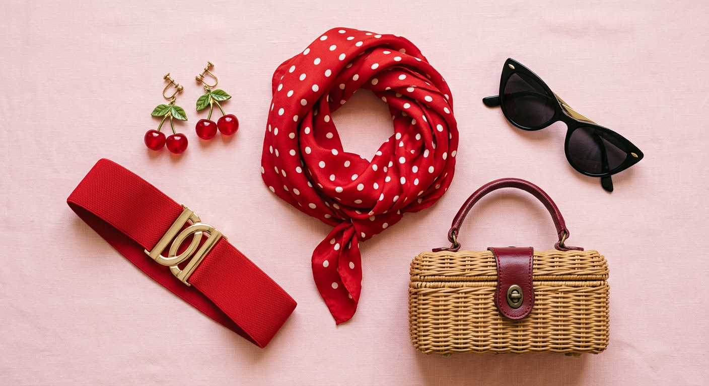 Composition d'accessoires guinguette pin-up : foulard à pois, lunettes oeil-de-chat, ceinture rouge et panier en osier.