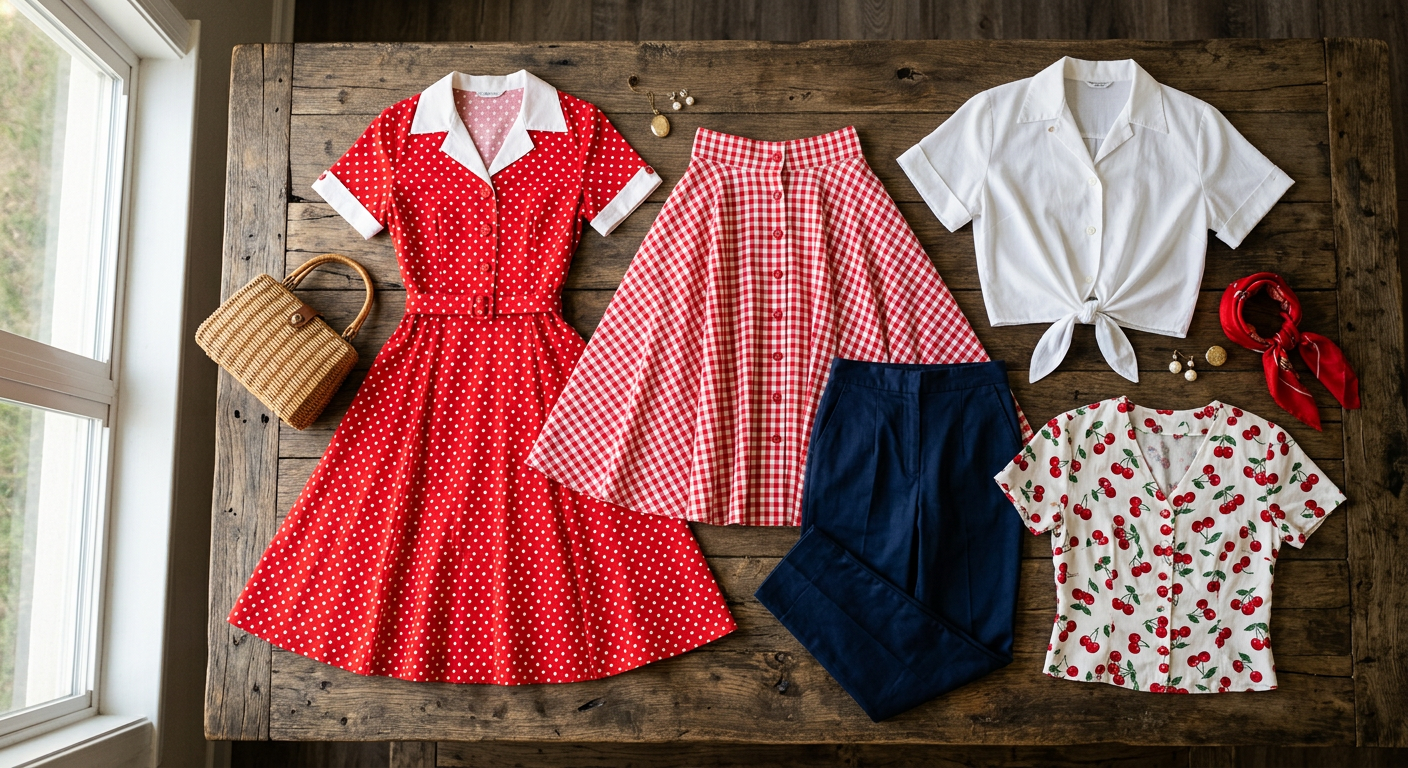 Collection de robes, jupes et tops de style guinguette pin-up, avec des motifs à pois, vichy et floraux.