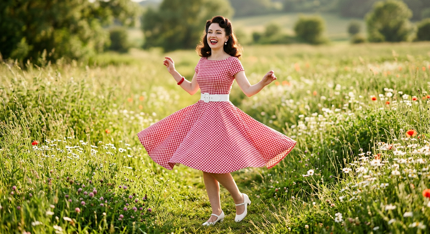 Mannequin pin-up portant une sublime robe guinguette évasée à motif vichy rouge et blanc dans un décor champêtre.