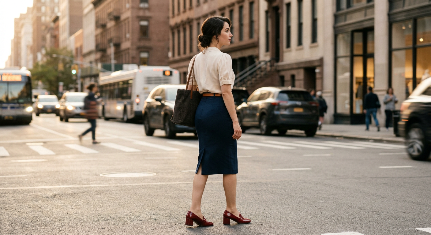 Une femme en robe pin-up moderne traverse un passage piéton en ville, illustration du style au quotidien.