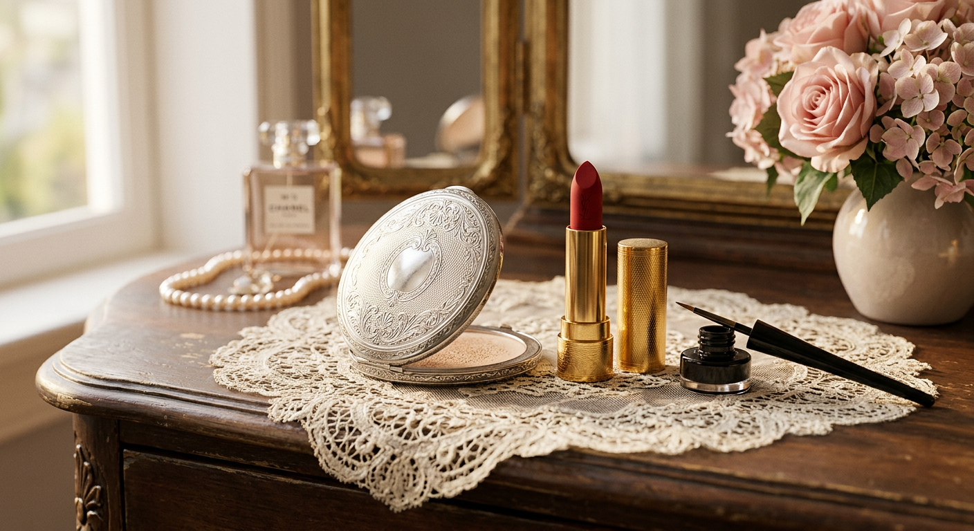Une palette de maquillage rétro avec un rouge à lèvres rouge vif, un eye-liner noir et un poudrier vintage.