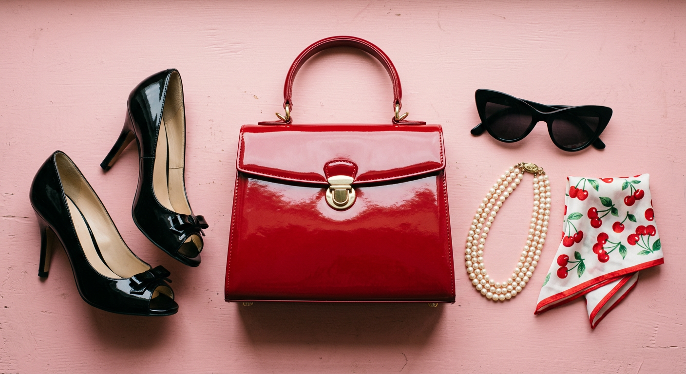 Composition d'accessoires pin-up glamour : un sac à main structuré, des escarpins peep-toe et des lunettes de soleil œil de chat.