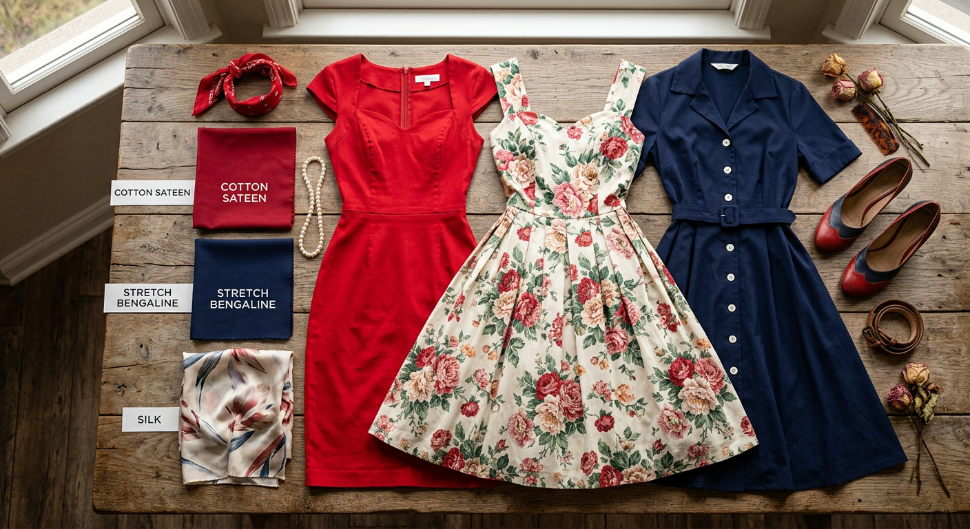 Une collection de robes pin-up vintage aux couleurs vives sur des cintres en bois.