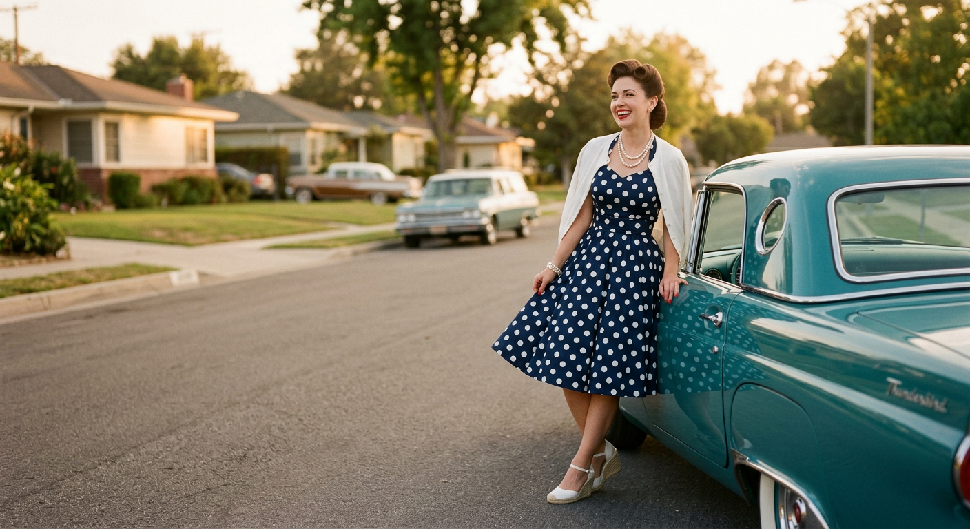 Une femme au look pin-up glamour souriant devant une voiture américaine vintage.