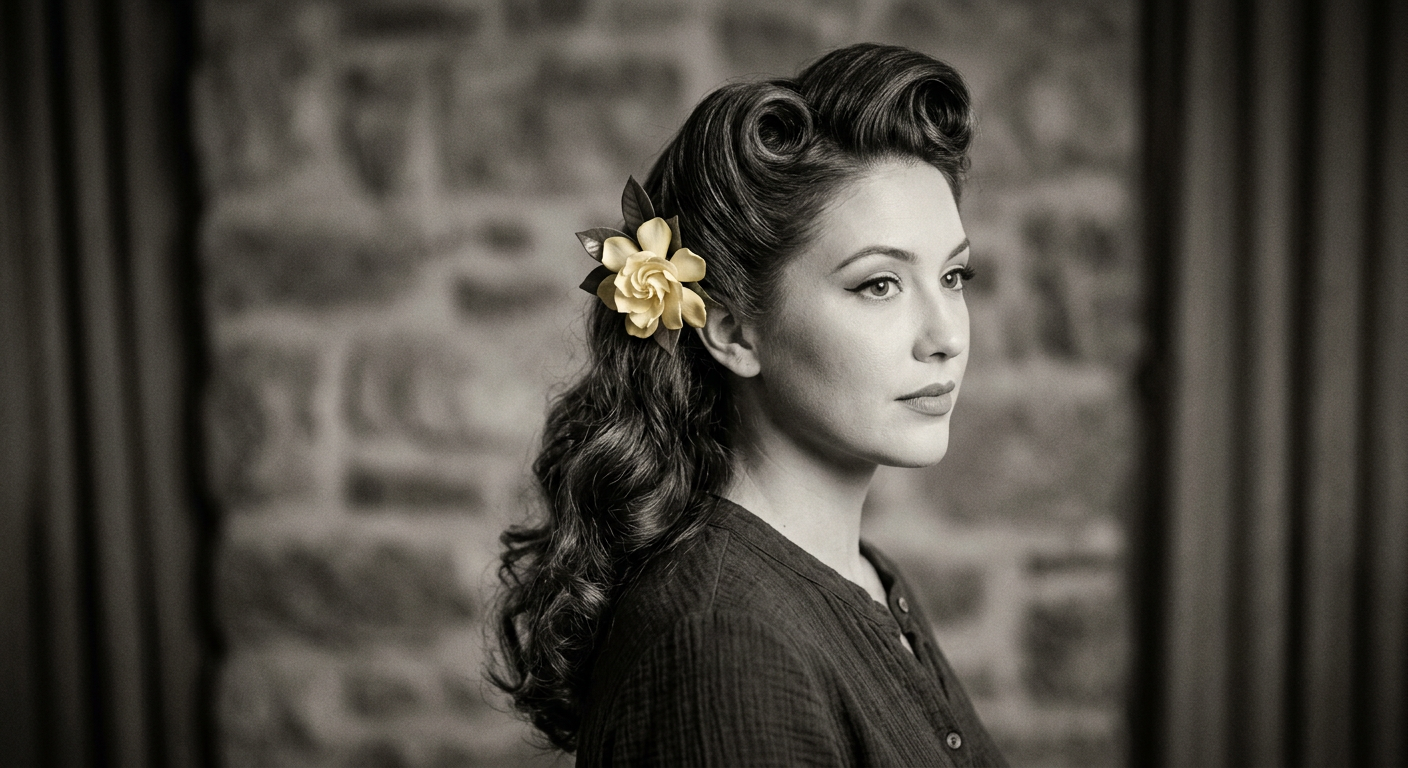 Gros plan sur une coiffure pin-up iconique avec des Victory Rolls parfaits et une fleur rouge.