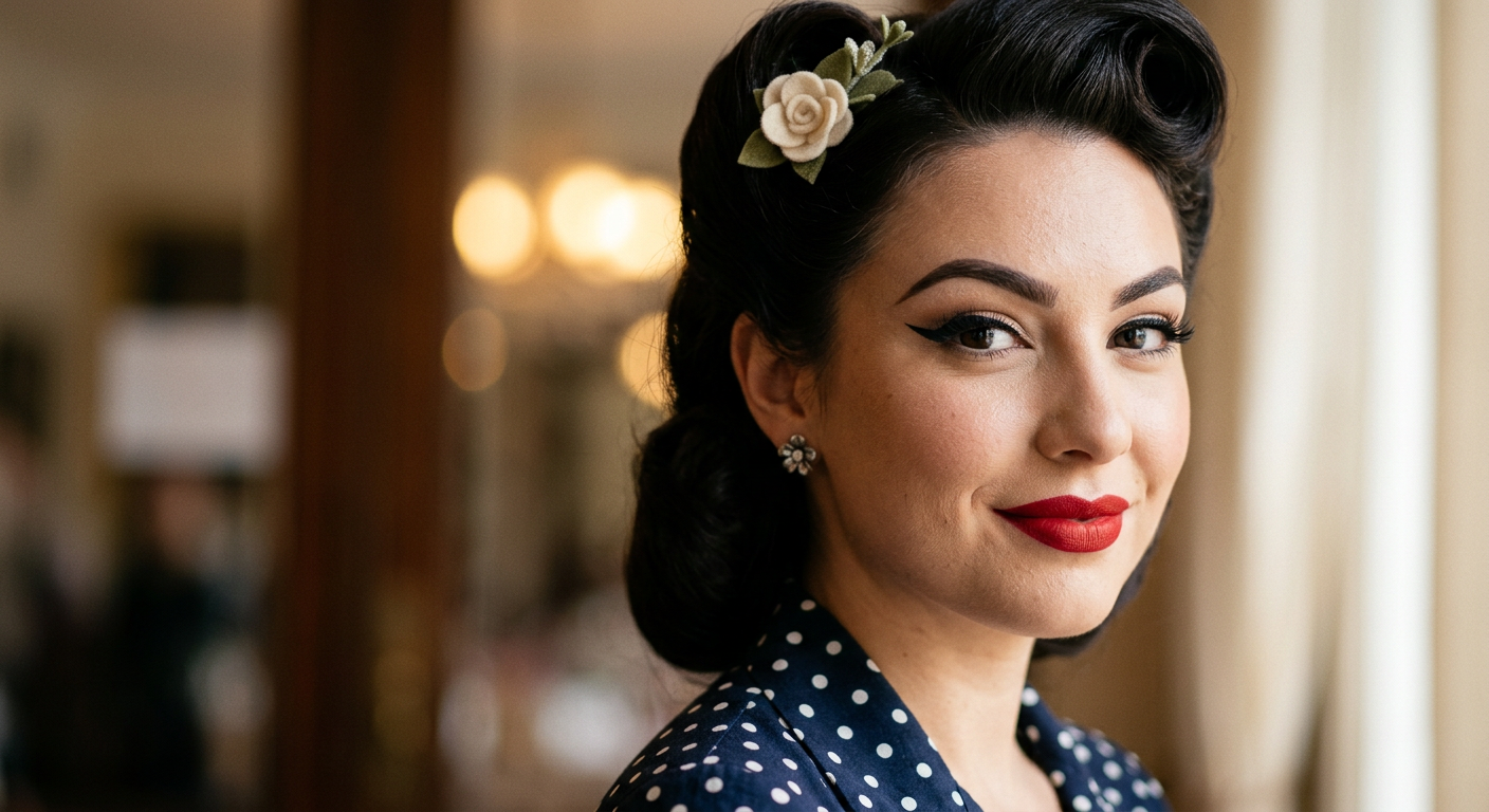 Gros plan sur un maquillage pin-up avec eye-liner et rouge à lèvres rouge vif.