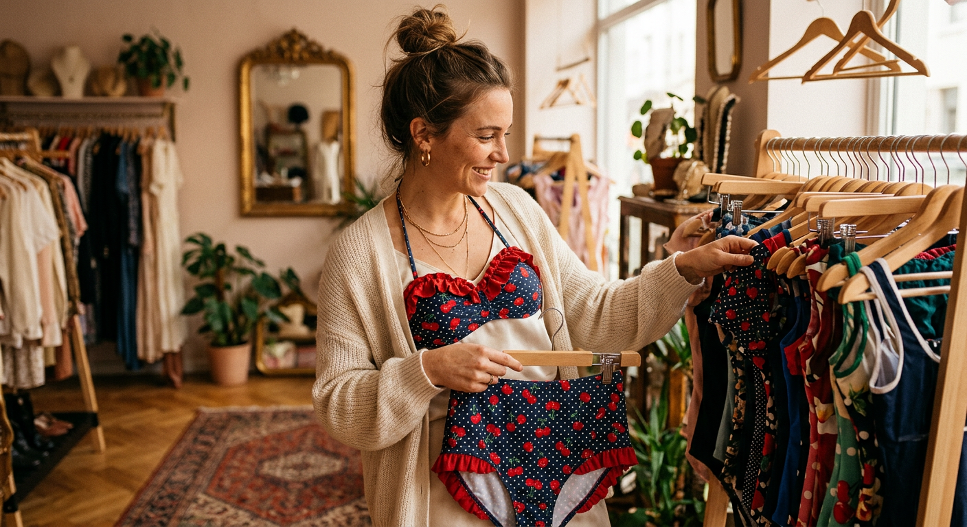 Femme choisissant un maillot de bain rétro dans la boutique Louise Vintage.