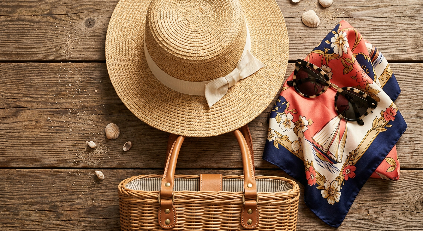 Collection d'accessoires de plage vintage : lunettes oeil de chat, chapeau de paille, foulard.
