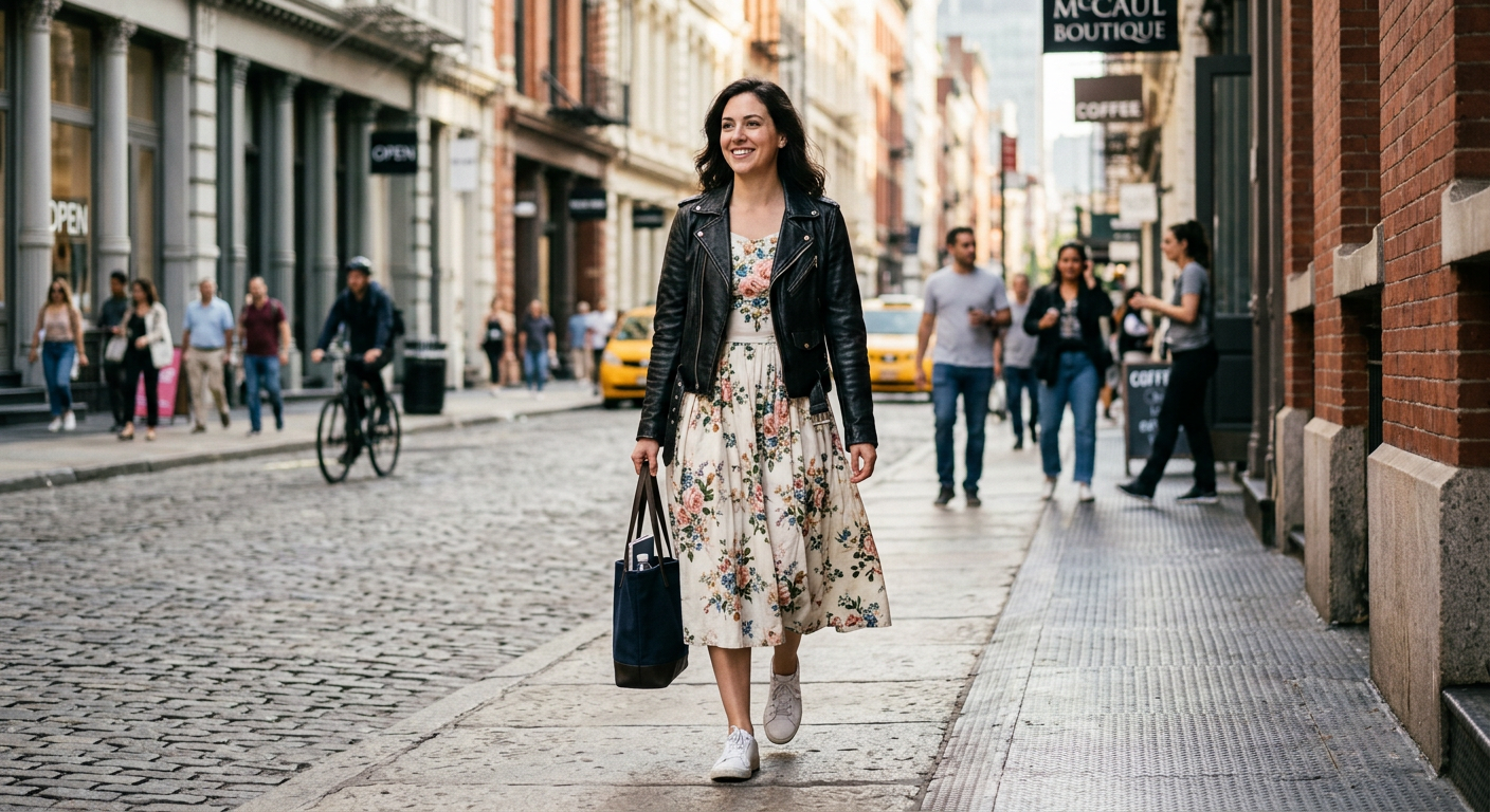 Femme moderne portant une robe vintage avec des baskets blanches et un perfecto en cuir.