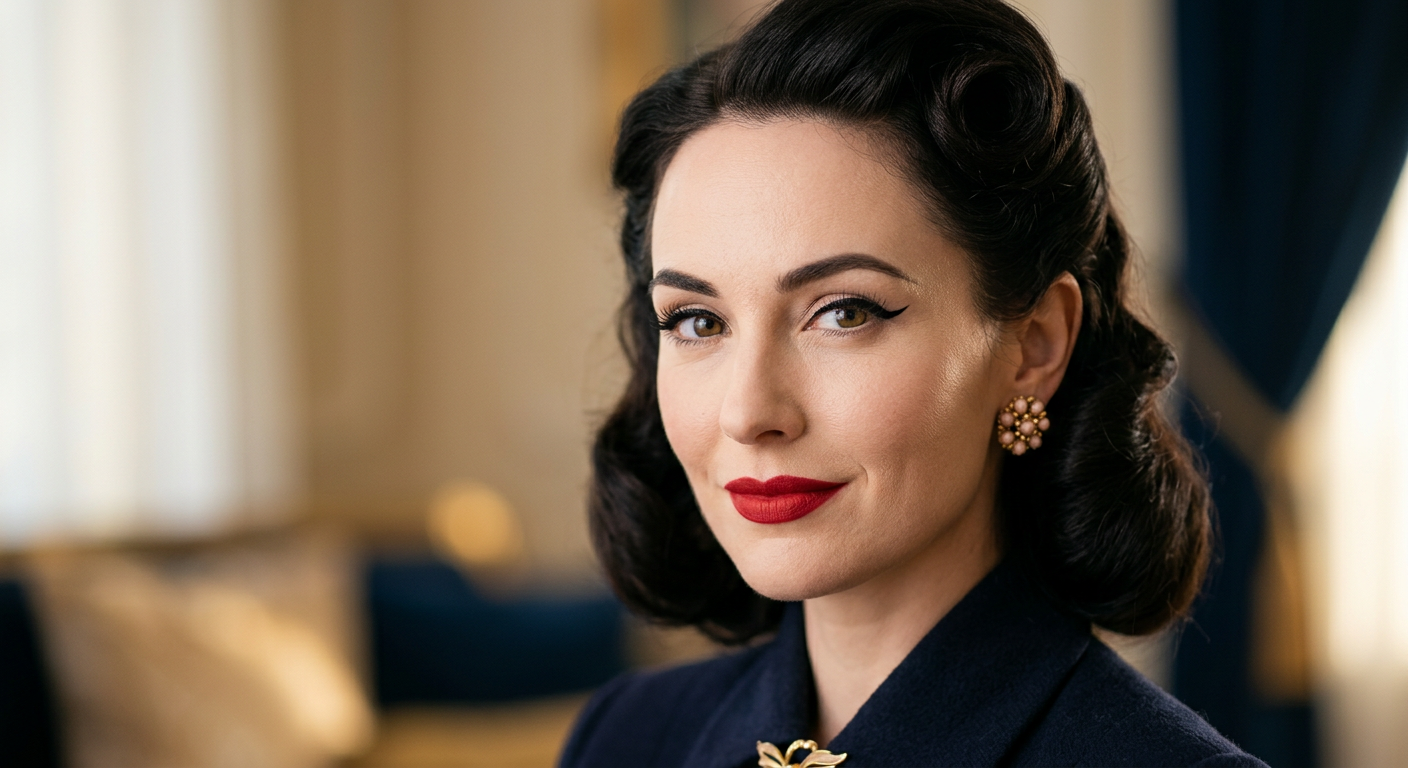 Gros plan sur un maquillage typique des années 50 avec eyeliner cat-eye et rouge à lèvres rouge.