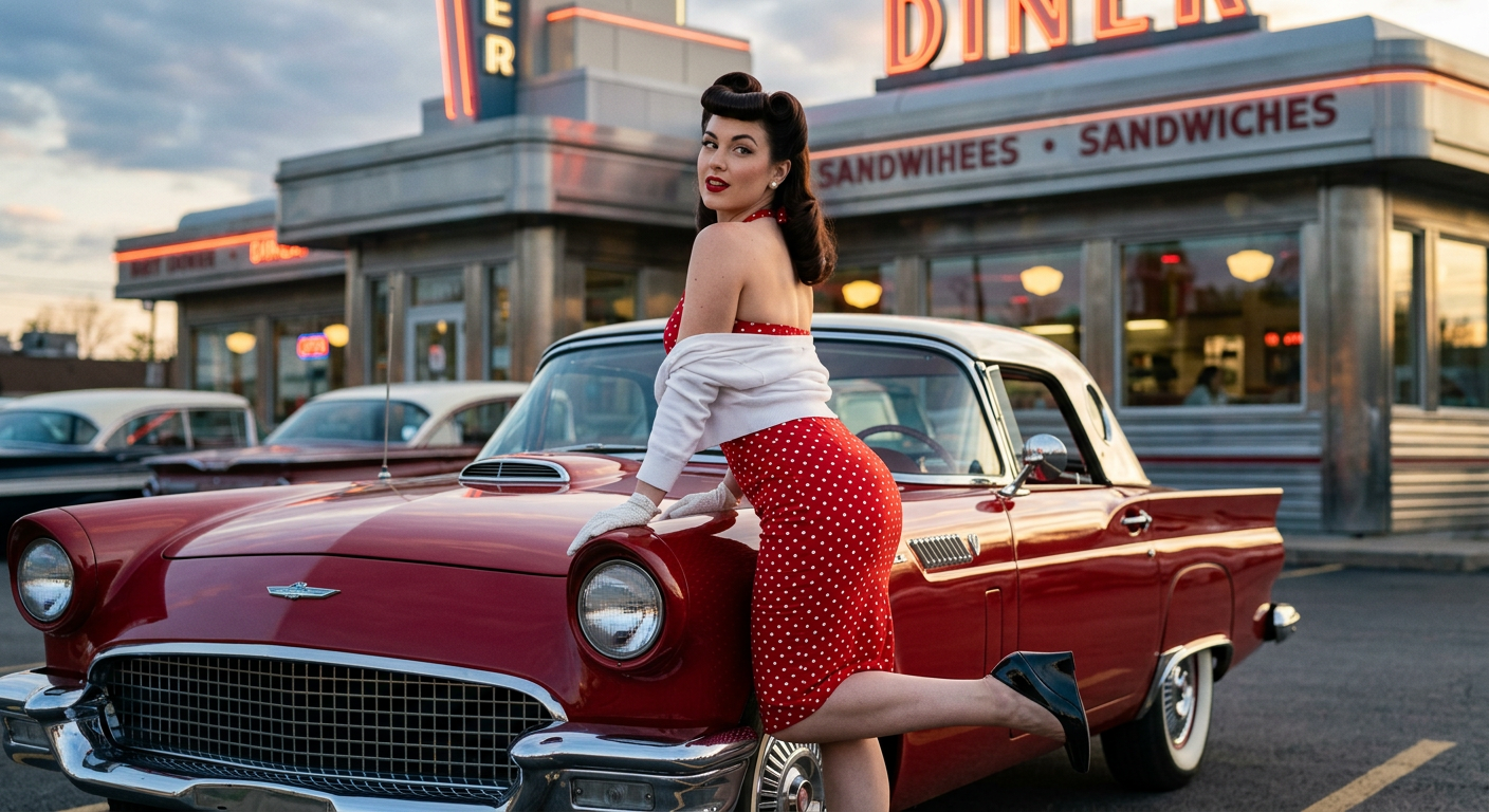 Femme en robe pin-up rouge à pois posant devant une voiture américaine vintage.