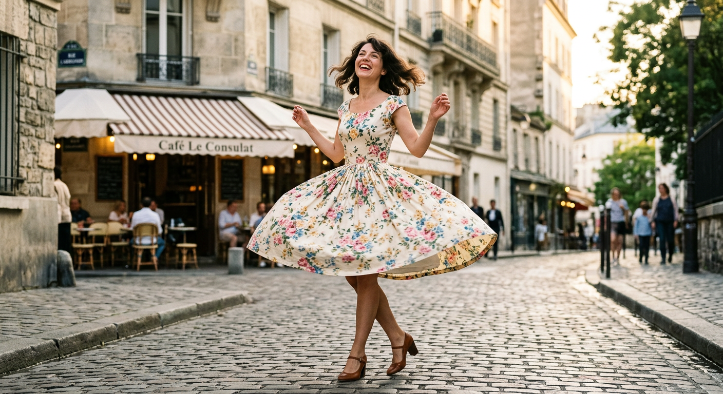 Femme souriante créant un look robe vintage des années 50 dans une rue parisienne.