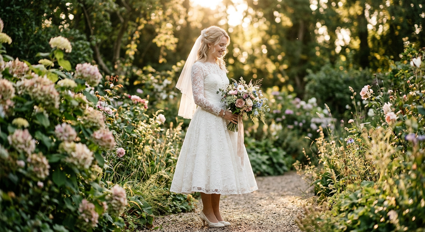 Mariée dans une robe de mariée vintage en dentelle des années 50 dans un jardin.