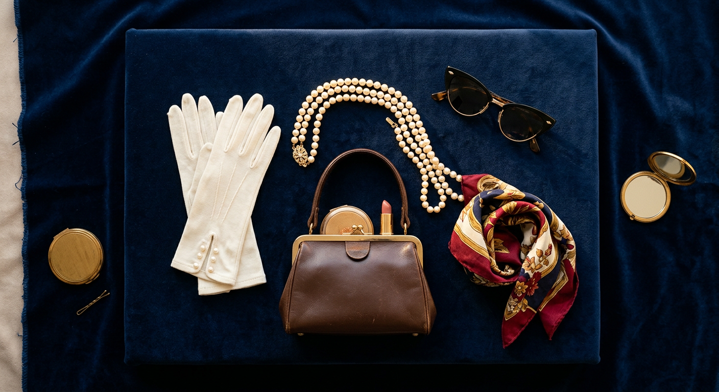 Sélection d'accessoires vintage des années 50 : gants, perles, sac à main et lunettes.