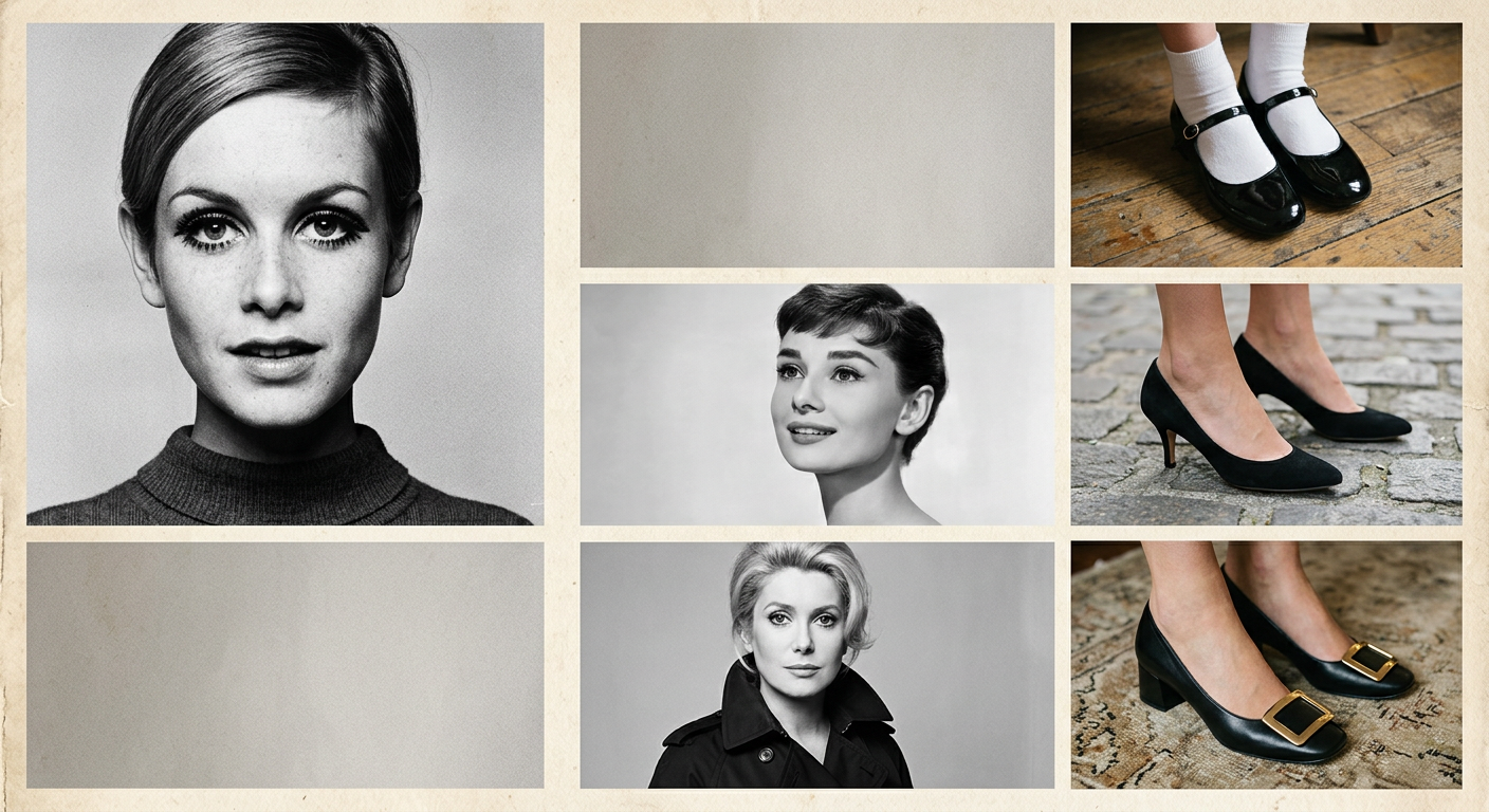 Montage photo vintage avec les portraits de Twiggy, Audrey Hepburn, et Catherine Deneuve à côté de leurs chaussures emblématiques des années 60.
