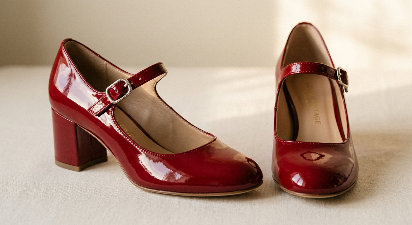 Gros plan sur une paire de chaussures Mary Jane rouges vernies de Louise Vintage, mettant en valeur la sangle et le talon bloc.