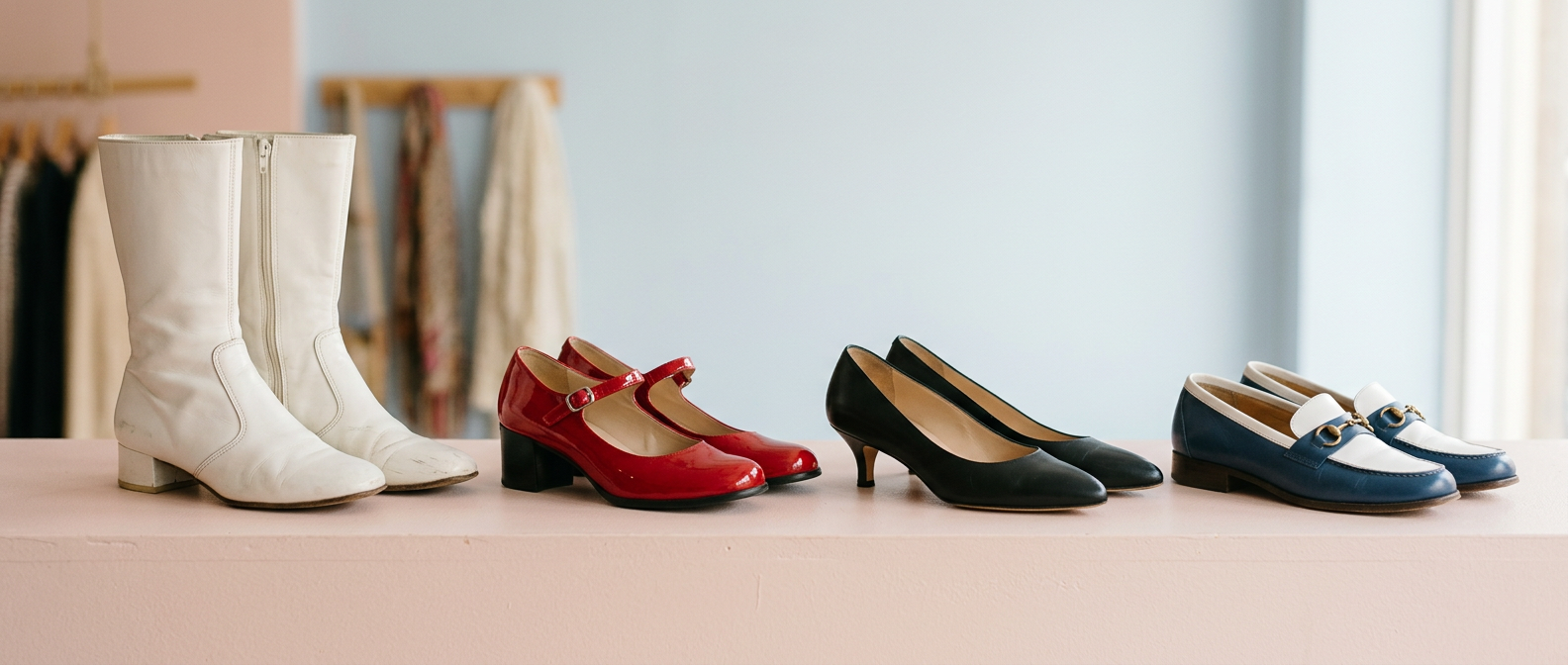 Collection de chaussures style années 60 - bottes Go-Go, Mary Jane, escarpins à talon bloc - joliment arrangées.