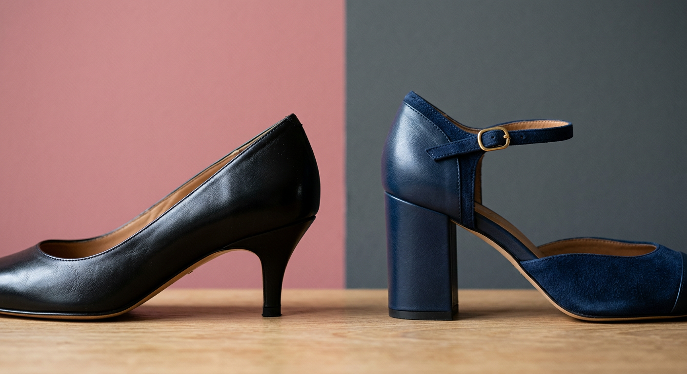 Comparaison élégante entre un escarpin à kitten heel et une chaussure à talon bloc de la collection Louise Vintage.