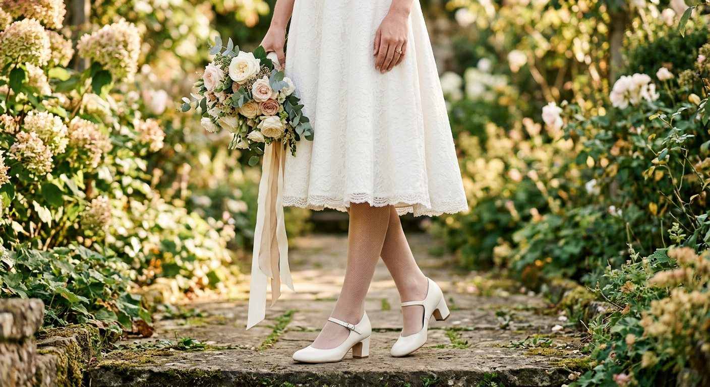 Une mariée portant une robe de mariée courte Louise Vintage avec d'élégantes chaussures Mary Jane blanches à petit talon.