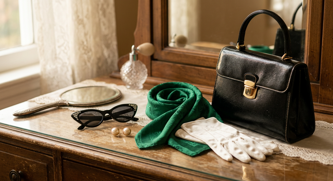 Sélection d'accessoires années 50 avec lunettes œil de chat, gants blancs courts, foulard en soie et escarpins