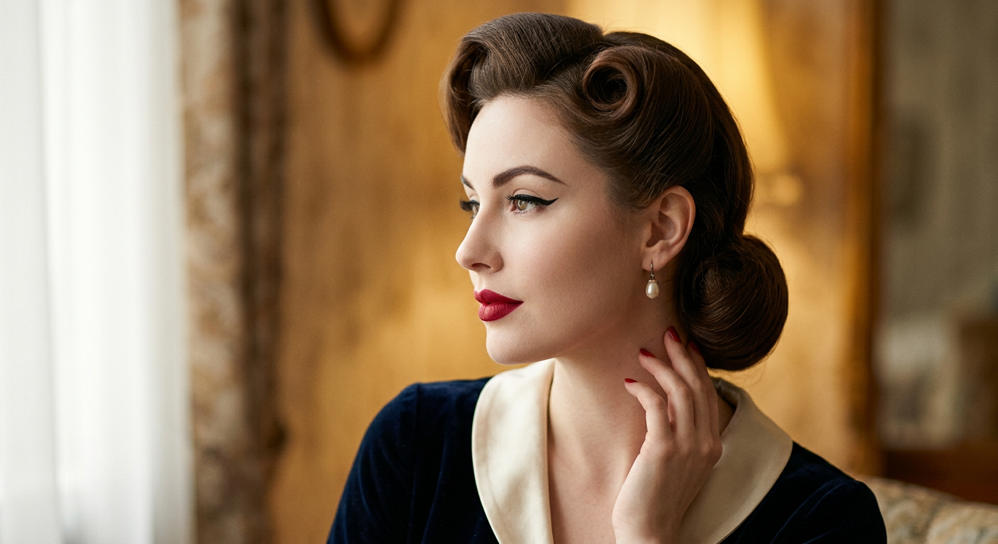 Portrait beauté rétro gros plan montrant un trait de liner cat eye précis, bouche rouge mat et coiffure victory roll