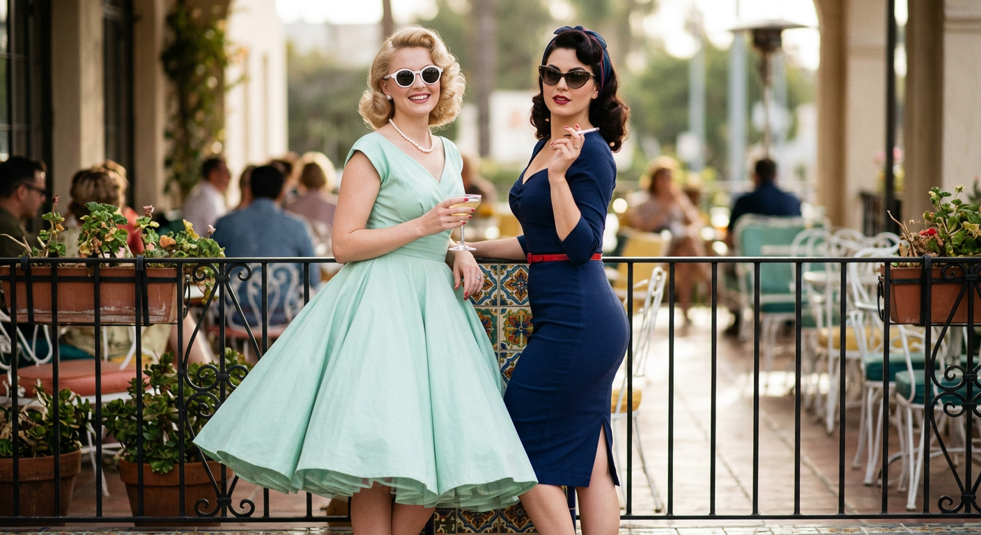 Duo de femmes style rétro 50s présentant une robe swing évasée et une robe fourreau près du corps