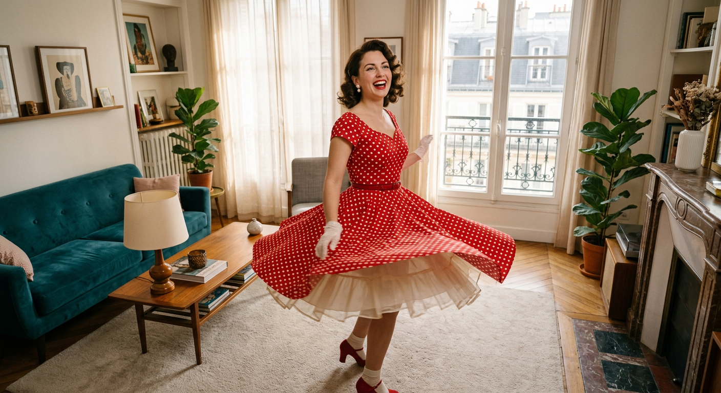 Femme vêtue d'une robe année 50 rouge à pois blancs virevoltant dans un intérieur rétro chic