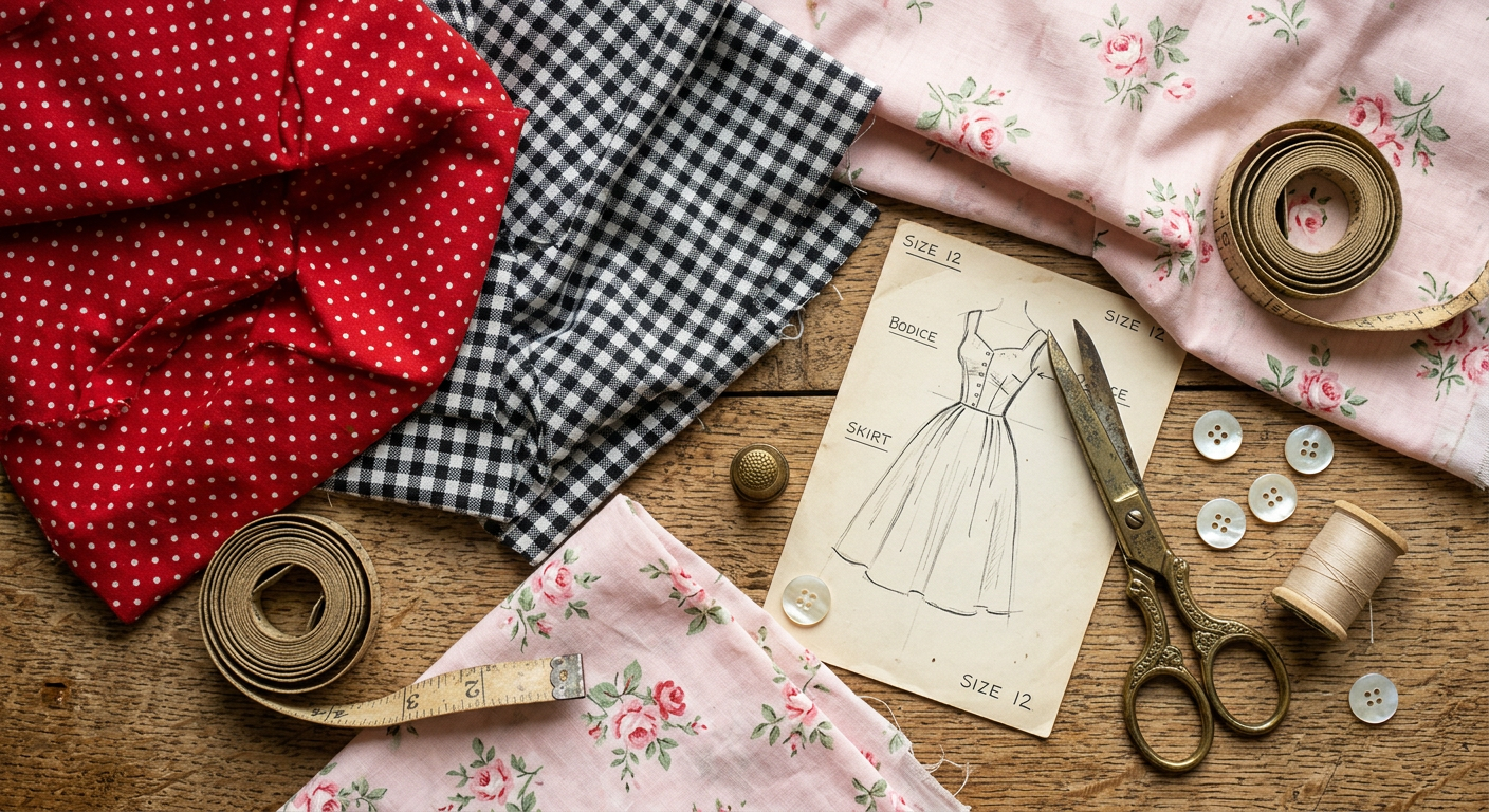 Composition esthétique de tissus vintage à pois polka dots, carreaux vichy et motifs floraux rétro