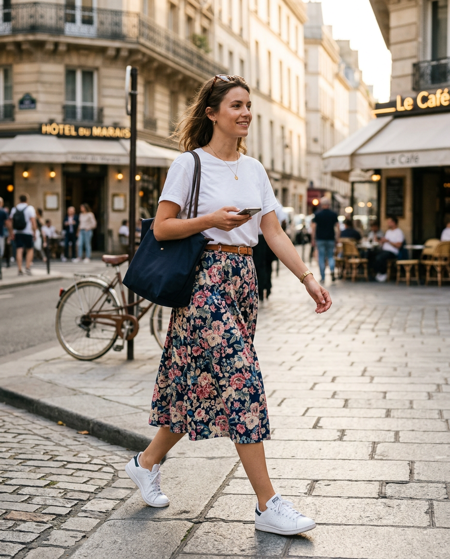 Femme moderne mixant une jupe vintage années 50 avec un t-shirt et des baskets, montrant comment adopter le style vintage au quotidien.