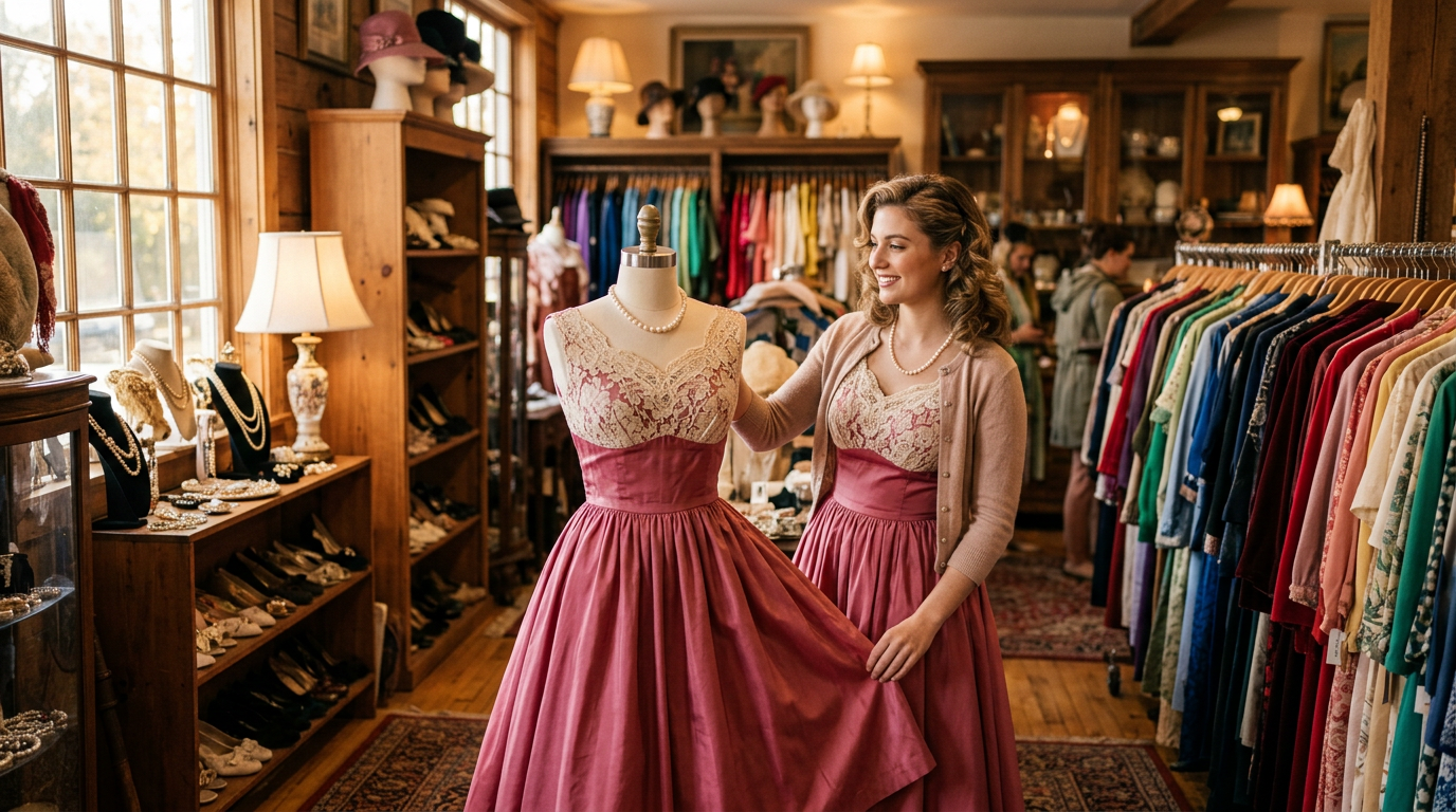 Intérieur d'une boutique vintage de qualité, avec des robes colorées sur des portants.