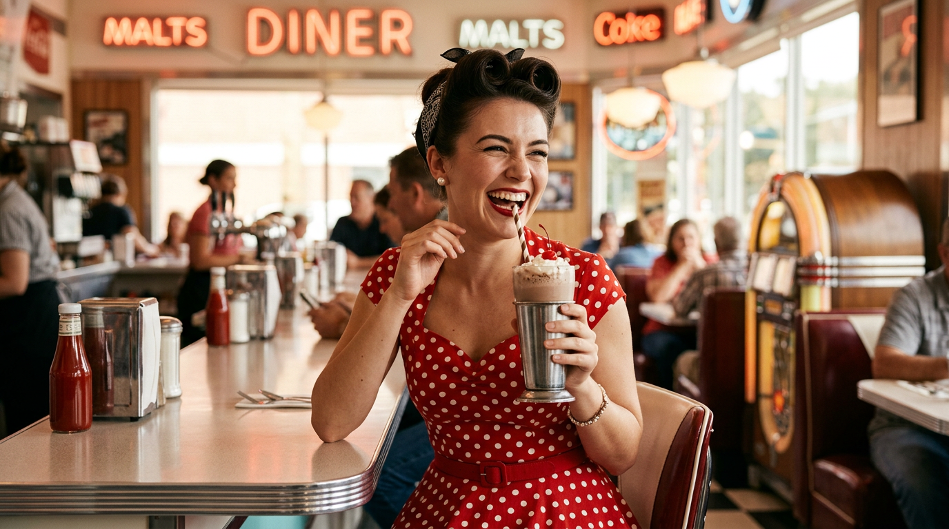 Pin-up des années 50 en robe à pois dans un diner américain, incarnant l'âge d'or de l'élégance féminine.