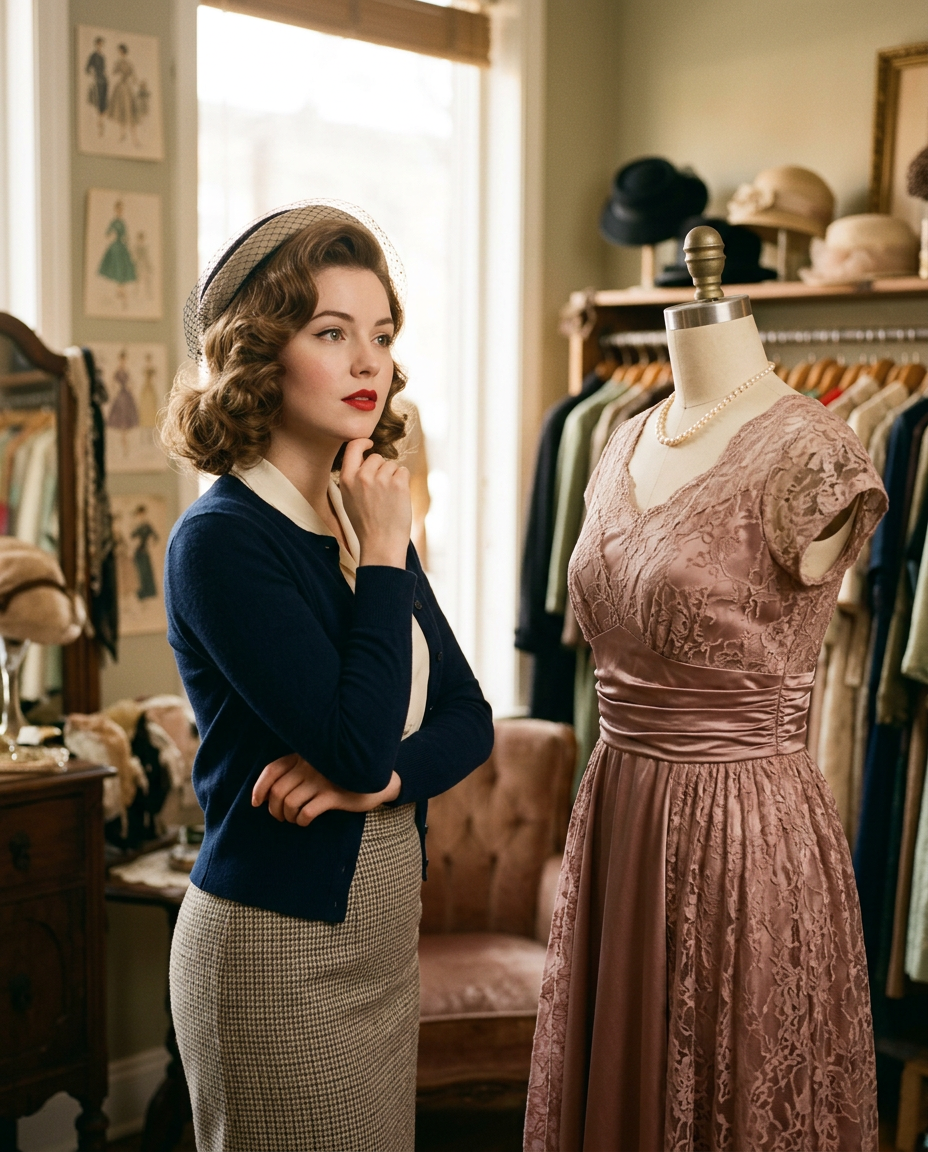 Femme au style pin-up des années 50 contemplant une robe vintage, illustrant la définition du style vintage.