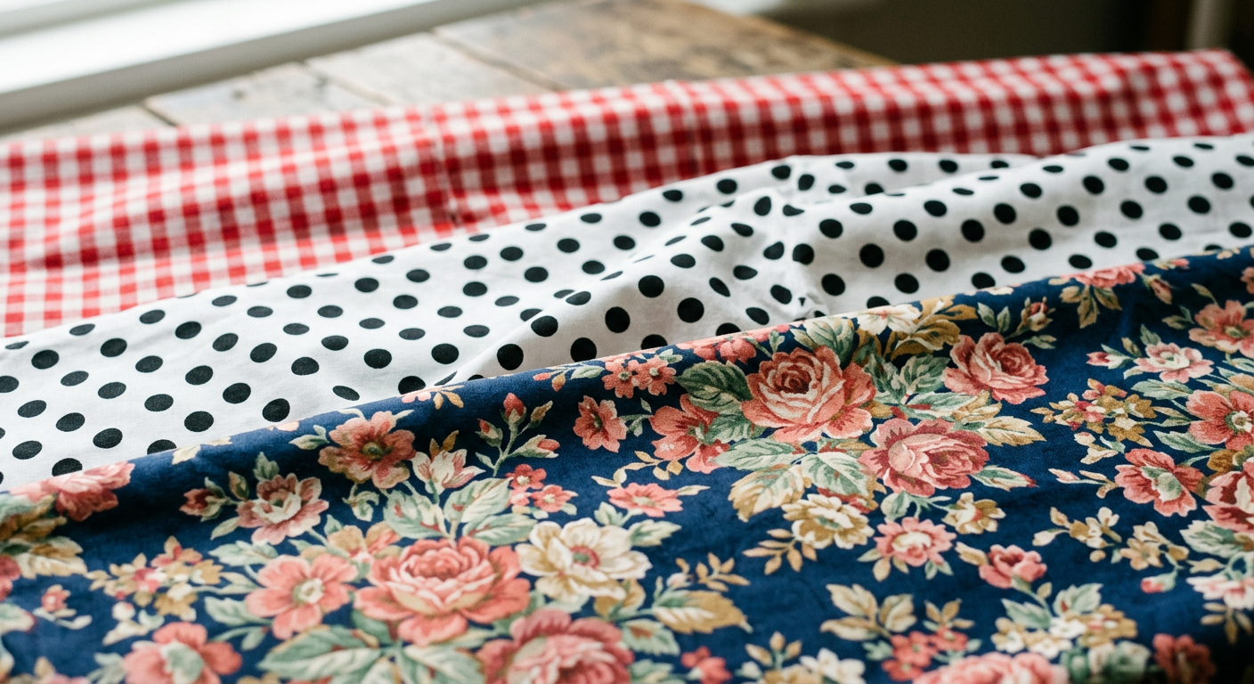 Gros plan sur des motifs colorés typiques des années 50, comme les pois et le vichy.