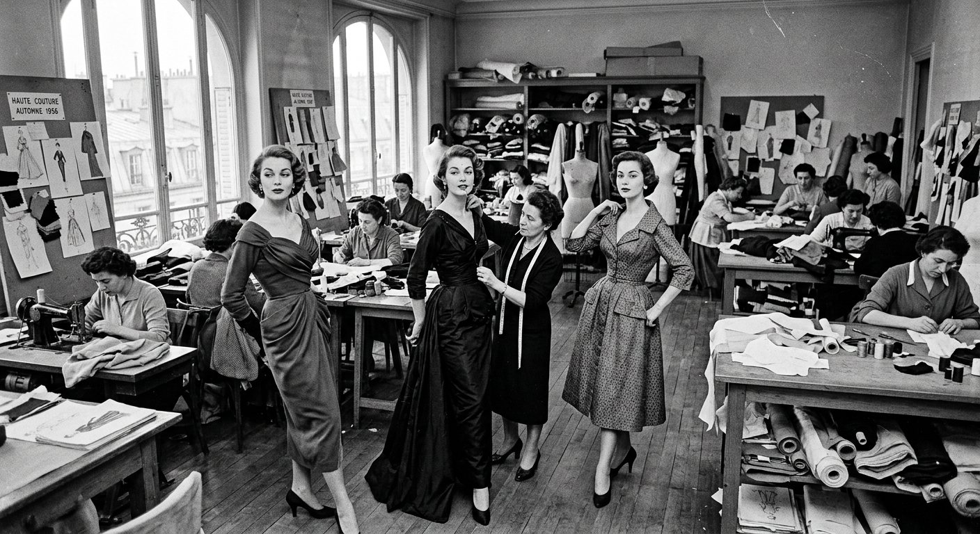 Atmosphère d'un atelier de couture parisien des années 50 avec des mannequins et des créateurs.
