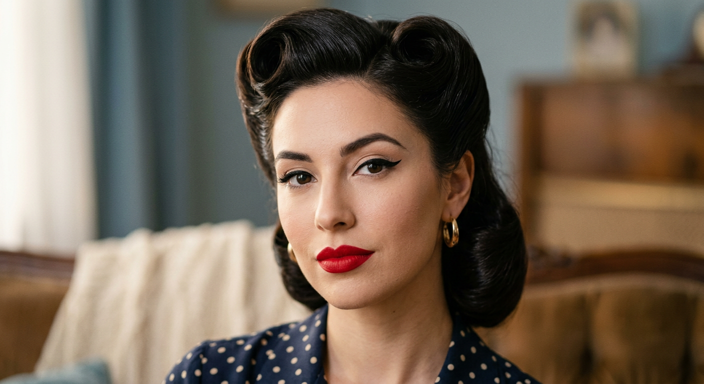 Portrait gros plan d'une pin-up avec un maquillage typique des années 50 : eyeliner et rouge à lèvres rouge.